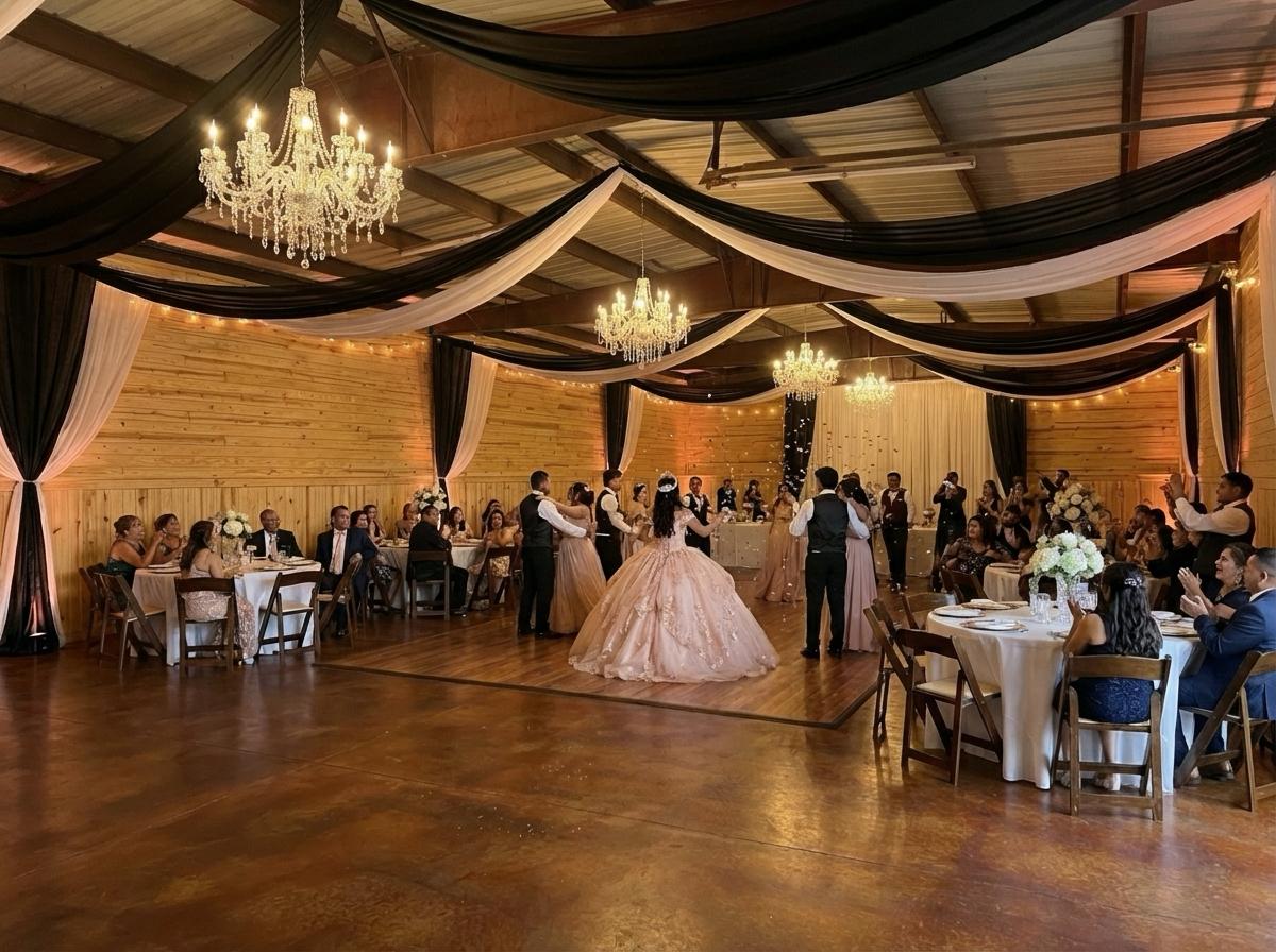 Quinceañera event setup with chandeliers and draping