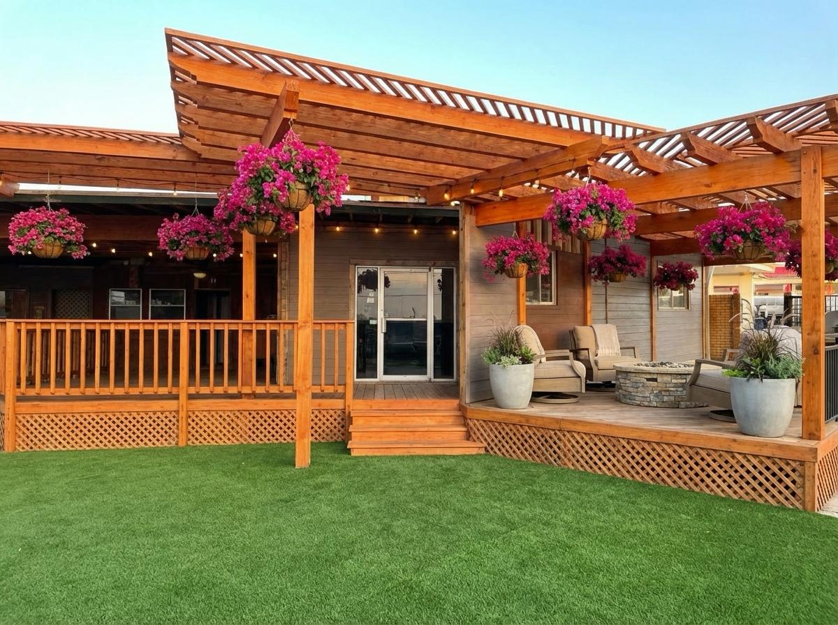 Cedar pergola with bougainvillea rendering