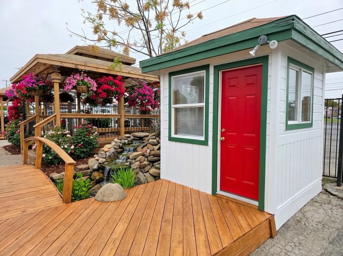 Red door cottage with waterfall rendering